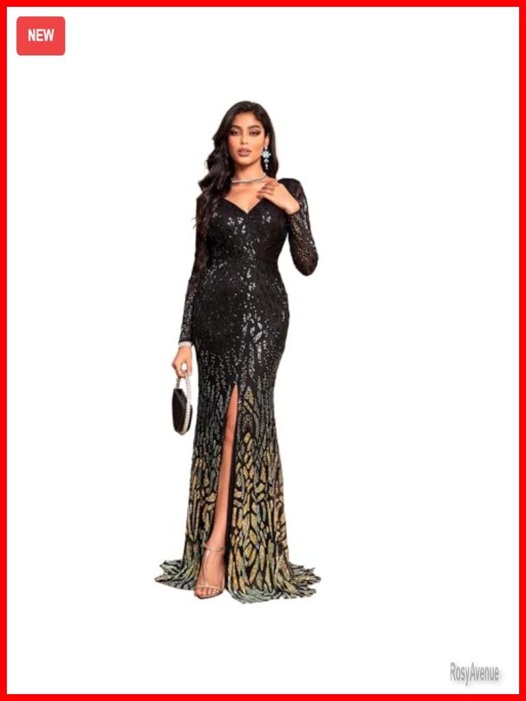 Sequin Bodycon Prom Dress Long Sleeve V-Neck Mermaid Evening Maxi
